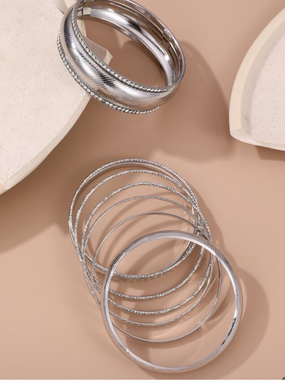 Silver Tone Multi-Stack Bangle Bracelet Set - Women's Jewelry - Picture 3 of 6